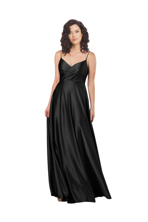 A-Line V-Neck Silk like Satin Long Black Sleeveless Prom Party Dress Canada