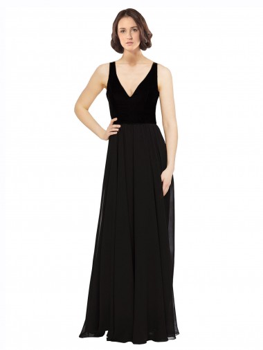 A-Line V-Neck Soft Chiffon & Velvet Long Black Prom Dress Canada