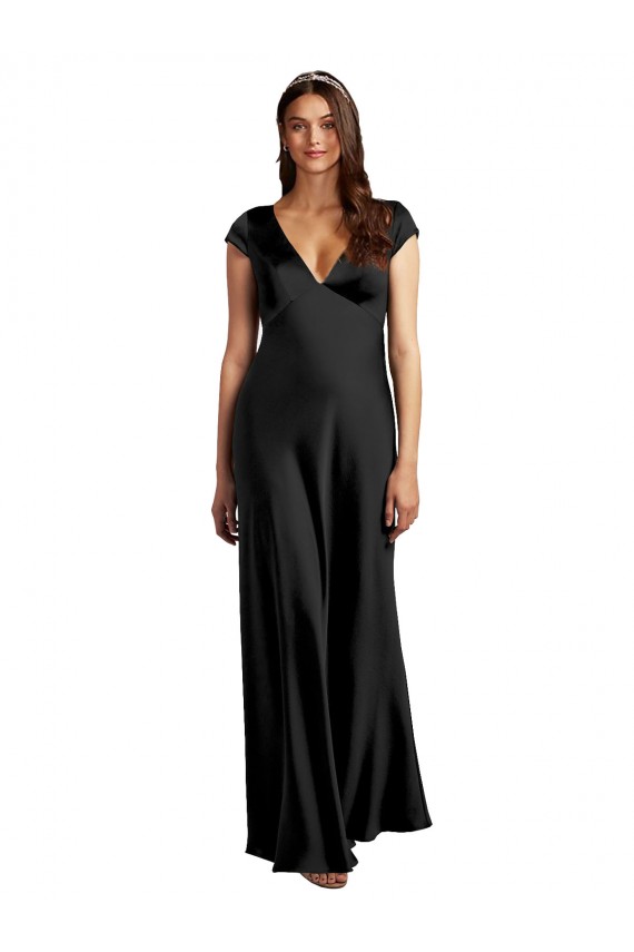 A-Line V-Neck Stretch Satin Long Black Prom Dress Canada