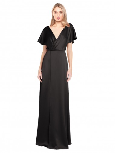 A-Line V-Neck Stretch Satin Long Black Cap Sleeves Prom Dress Canada