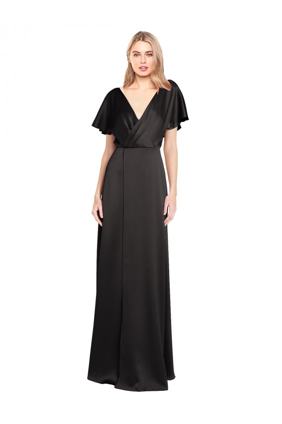 A-Line V-Neck Stretch Satin Long Black Cap Sleeves Prom Dress Canada