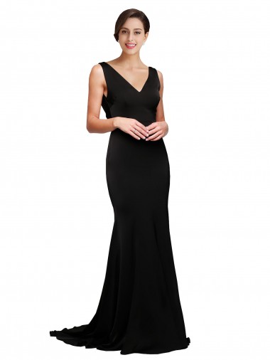 A-Line V-Neck Silk like Satin Sweep Train Black Prom Dress Canada