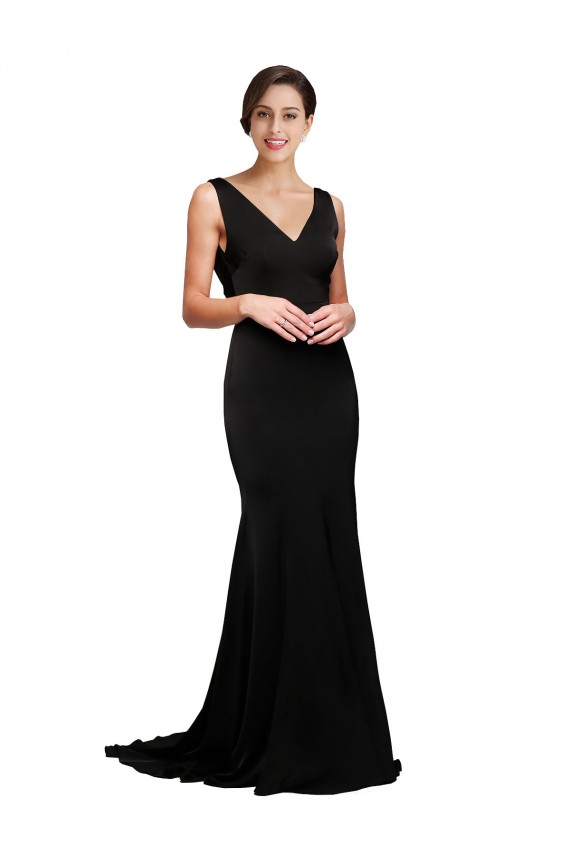 A-Line V-Neck Silk like Satin Sweep Train Black Prom Dress Canada