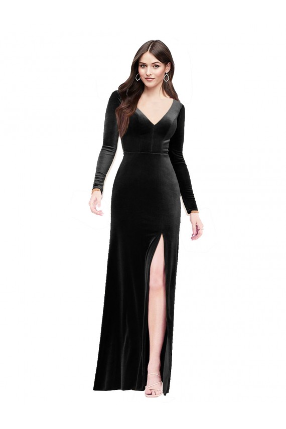 Column V-Neck Stretch Velvet Long Black Prom Dress Canada