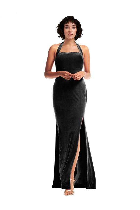 Mermaid Halter Neck Stretch Velvet Long Black Prom Dress Canada