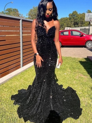 Mermaid Sweetheart Velvet Sequins Long Black Velvet Sequin Prom Dress Canada