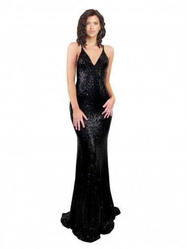 Mermaid V-Neck Sequin Long Black Black Tie Prom Dress Canada