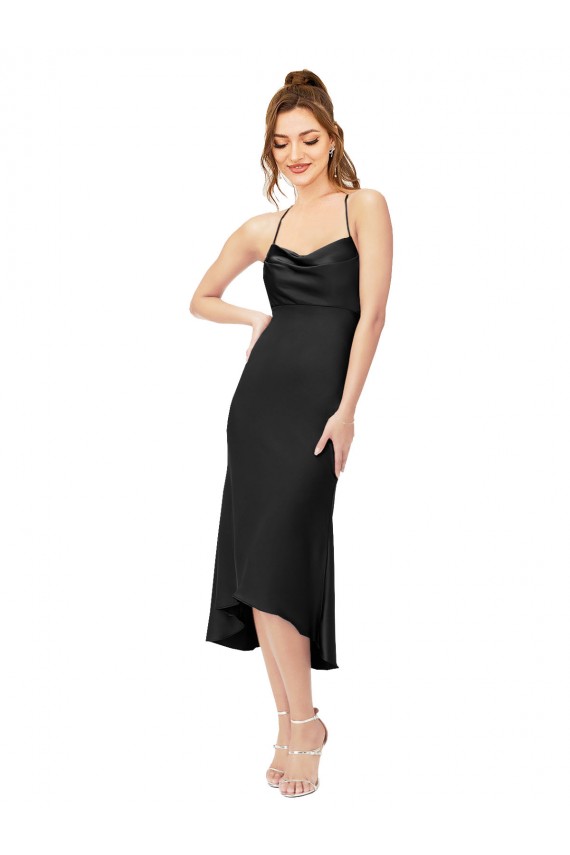 Sheath Cowl Neck Silk like Satin Midi Length Black High Low Prom Dress Canada