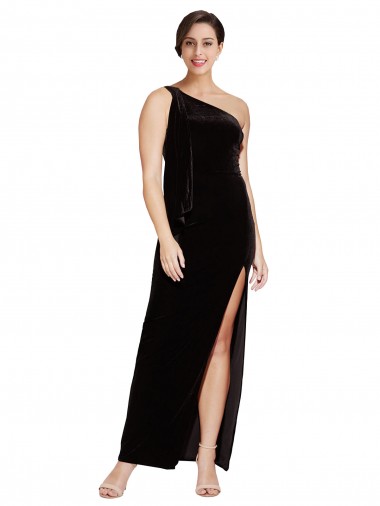 Sheath One Shoulder Stretch Velvet Long Black Prom Dress Canada