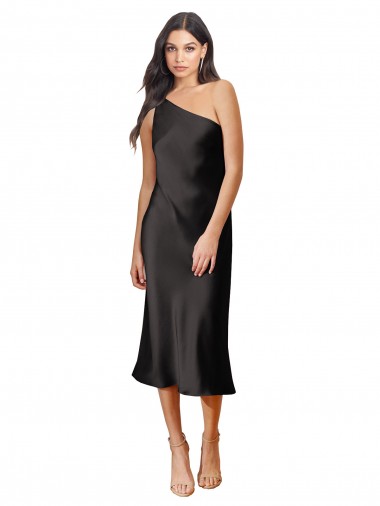 Sheath One Shoulder Stretch Satin Midi Length Black Black Tie Prom Dress Canada