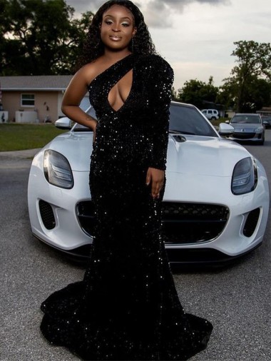 Sheath One Shoulder Velvet Sequins Sweep Train Black Velvet Sequin Prom Dress Canada