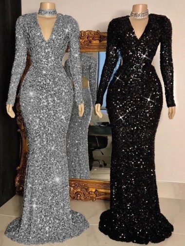Sheath V-Neck Velvet Sequins Sweep Train Black Velvet Sequin Prom Dress Canada