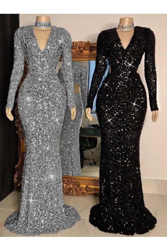 Sheath V-Neck Velvet Sequins Sweep Train Black Velvet Sequin Prom Dress Canada