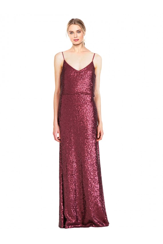 A-Line High Neck Sequin Long Burgundy Prom Dress Canada
