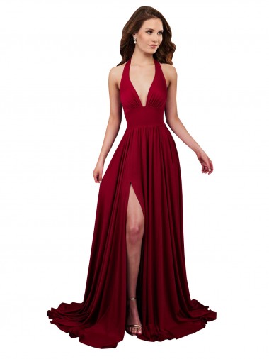 A-Line V-Neck Spandex Long Burgundy Black Tie Prom Dress Canada