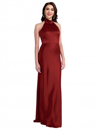 A-Line Halter Neck Stretch Satin Long Burgundy Black Tie Prom Dress Canada