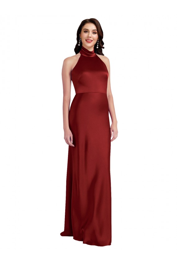 A-Line Halter Neck Stretch Satin Long Burgundy Black Tie Prom Dress Canada