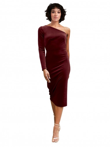 A-Line One Shoulder Stretch Velvet Midi Length Burgundy Black Tie Prom Dress Canada