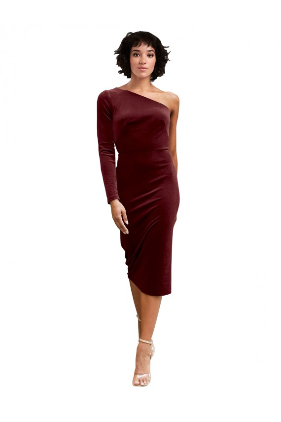 A-Line One Shoulder Stretch Velvet Midi Length Burgundy Black Tie Prom Dress Canada