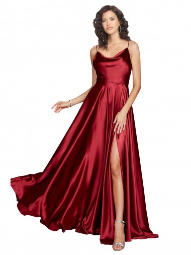 A-Line Cowl Neck Silk like Satin Long Burgundy Black Tie Prom Dress Canada