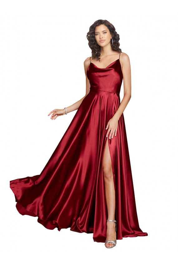 A-Line Cowl Neck Silk like Satin Long Burgundy Black Tie Prom Dress Canada