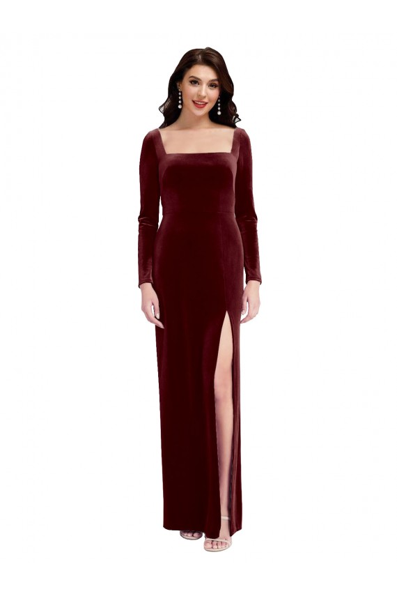 A-Line Square Neck Stretch Velvet Long Burgundy Prom Dress Canada