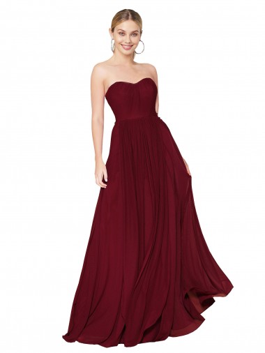 A-Line Strapless Soft Chiffon Long Burgundy Prom Dress Canada