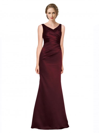 A-Line V-Neck Satin Long Burgundy Black Tie Prom Dress Canada