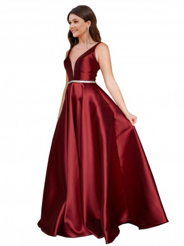 A-Line V-Neck Satin Long Burgundy Plus Size Formal Prom Dress Canada