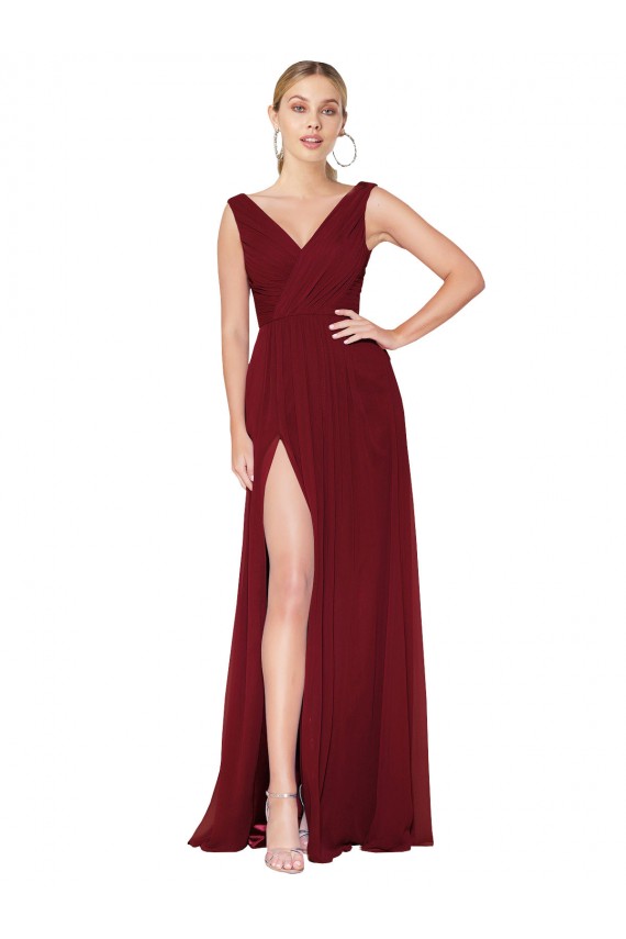 A-Line High Neck Soft Chiffon Long Burgundy Black Tie Prom Dress Canada