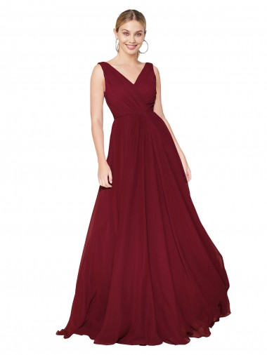 A-Line V-Neck Soft Chiffon Long Burgundy Prom Dress Canada