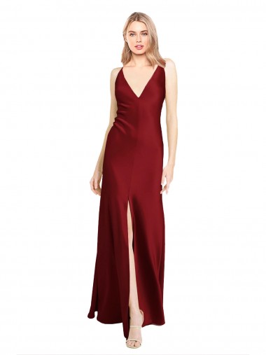 A-Line V-Neck Stretch Satin Long Burgundy Black Tie Prom Dress Canada