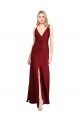 A-Line V-Neck Stretch Satin Long Burgundy Black Tie Prom Dress Canada