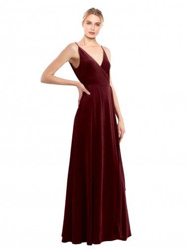 A-Line V-Neck Stretch Velvet Long Burgundy Sleeveless Prom Dress Canada