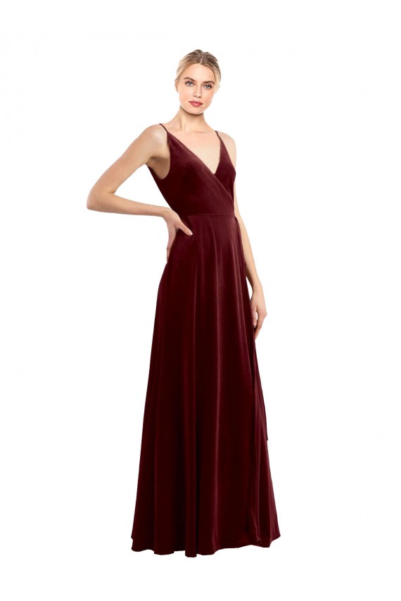 A-Line V-Neck Stretch Velvet Long Burgundy Sleeveless Prom Dress Canada