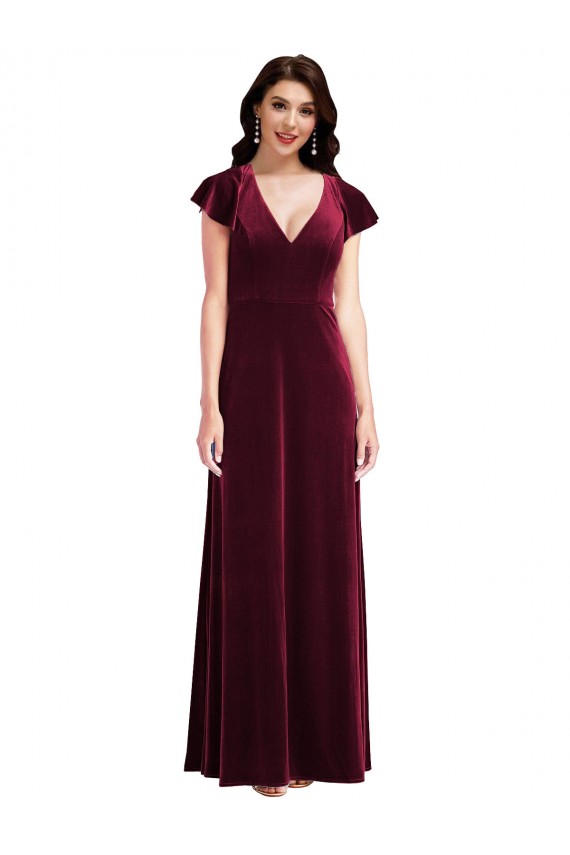 A-Line V-Neck Stretch Velvet Long Burgundy Flutter Sleeves Prom Party Dress Canada