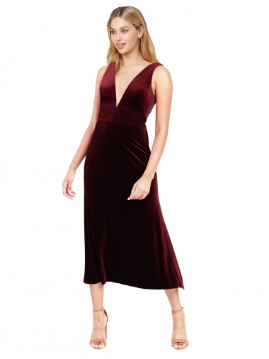A-Line V-Neck Stretch Velvet Midi Length Burgundy Prom Dress Canada