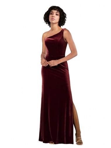 Column One Shoulder Stretch Velvet Long Burgundy Prom Dress Canada
