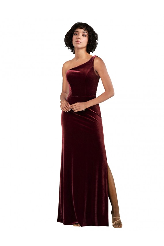 Column One Shoulder Stretch Velvet Long Burgundy Prom Dress Canada