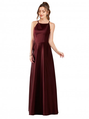 A-Line Halter Neck Satin Long Burgundy Gold Prom Dress Canada