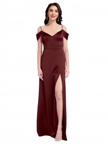 A-Line Off the Shoulder Stretch Satin Long Burgundy Gold Prom Dress Canada