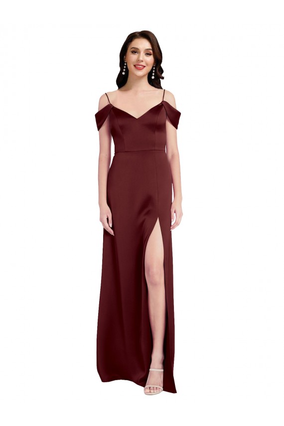 A-Line Off the Shoulder Stretch Satin Long Burgundy Gold Prom Dress Canada