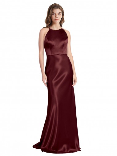 A-Line Spaghetti Straps Stretch Satin Long Burgundy Gold Prom Dress Canada