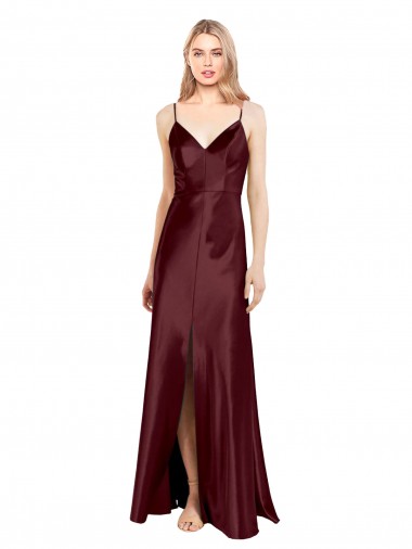 A-Line Spaghetti Straps Stretch Satin Long Burgundy Gold Sleeveless Prom Dress Canada