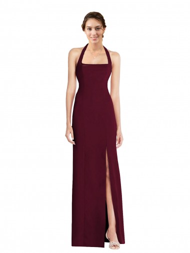 Trumpet Halter Neck Stretch Crepe Long Burgundy Gold Prom Dress Canada