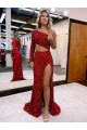Mermaid One Shoulder Velvet Sequin Sweep Train Burgundy Prom Dress Canada