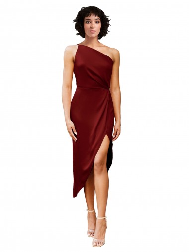 Sheath One Shoulder Stretch Satin Midi Length Burgundy Black Tie Prom Dress Canada