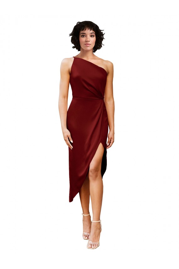 Sheath One Shoulder Stretch Satin Midi Length Burgundy Black Tie Prom Dress Canada