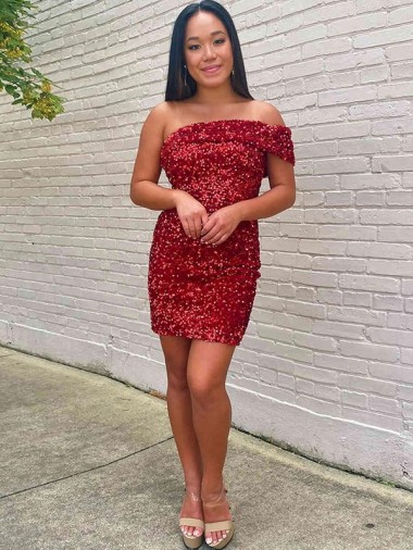 Sheath One Shoulder Velvet Sequins Short Burgundy Velvet Sequin Prom Dress Canada