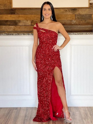 Sheath One Shoulder Velvet Sequins Sweep Train Burgundy Velvet Sequin Prom Dress Canada